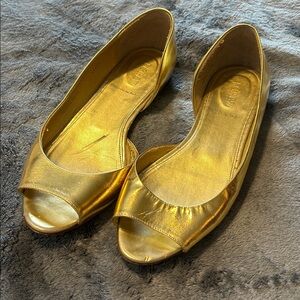 J. Crew Gold Metallic Peep Toe Ballet Flats D'Orsay Elegant Party Shoes Sz 9.5